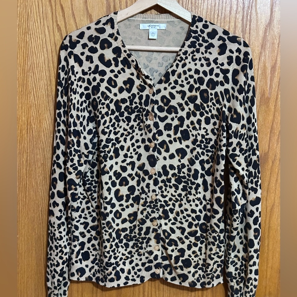 Liz Claiborne leopard print button down lightweight sweater sz XL silk cotton
